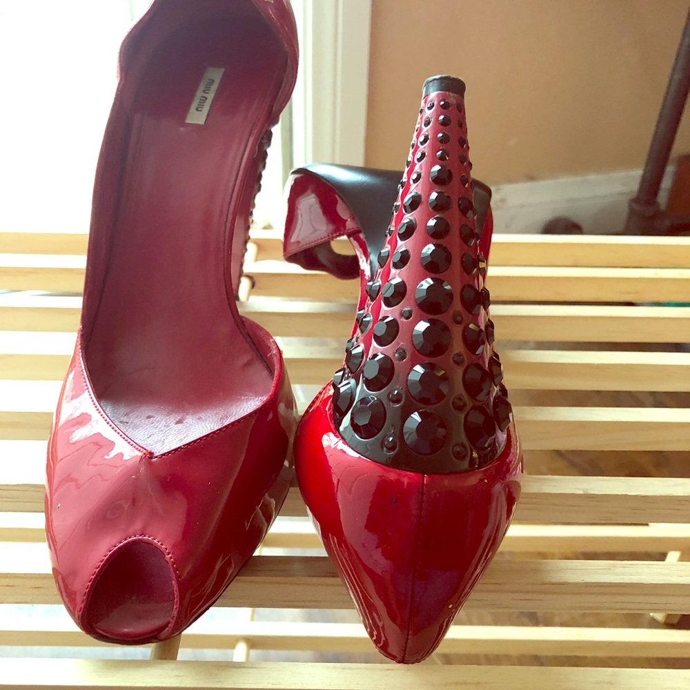 Mui Mui Patent  Leather Pumps with Black Crystals
